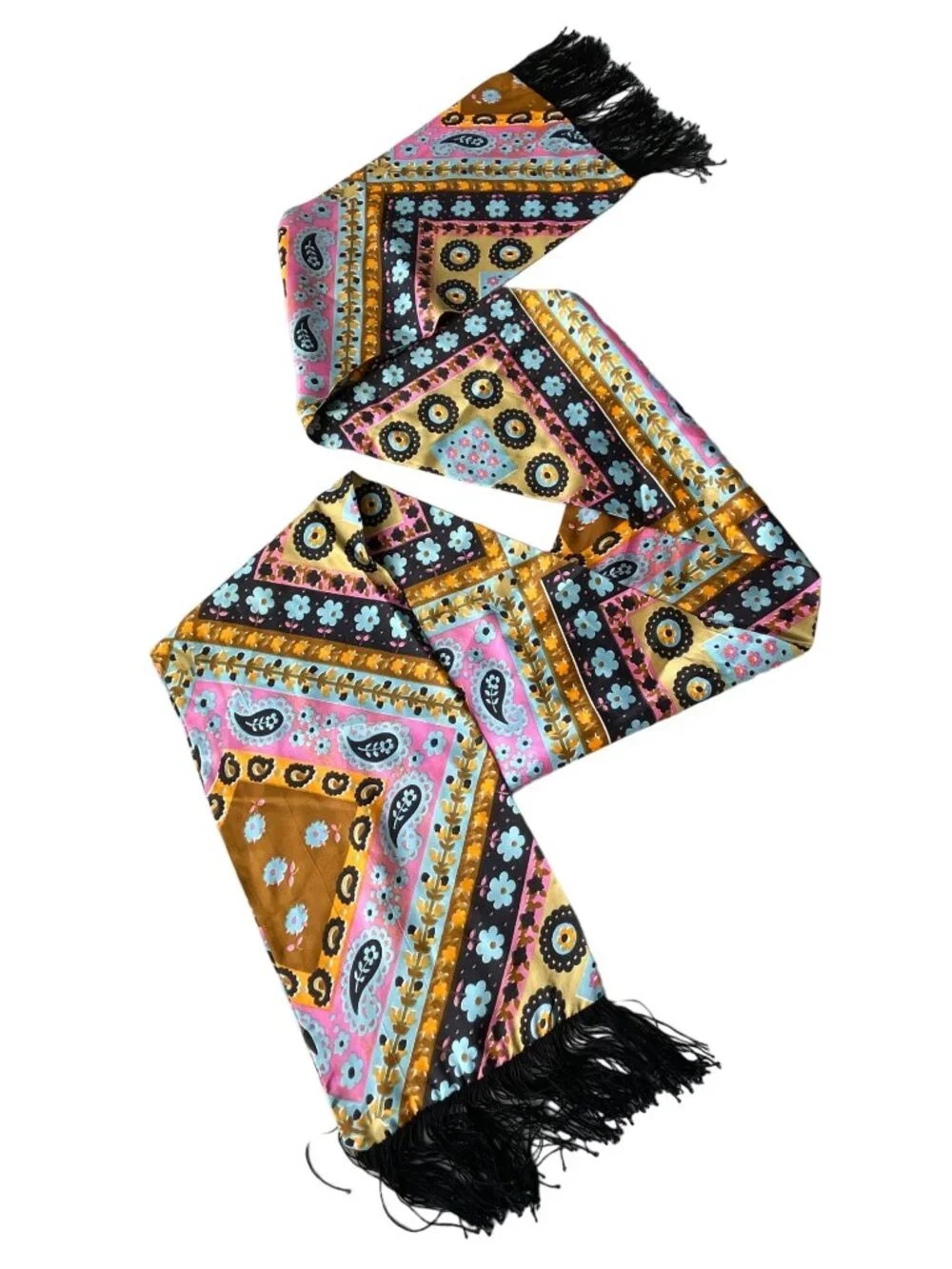 Vintage Floral Silk Scarf Black Fringe Trim Multicolor Neck Wrap Boho Festival